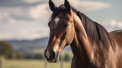  A majestic portrait of a horse, with a strong, regal presence and a blurred countryside in the background.  generative ai
