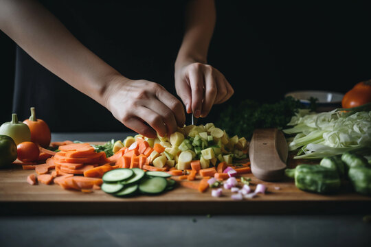 A Person Chopping Vegetables On A Cutting Board AI Generation