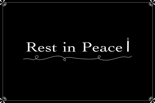 Vector - White word Rest in peace with candle on black background. End of life.