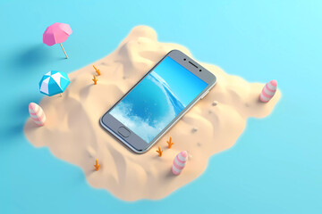 A phone on a beach with a beach scene and beach and beach objects. AI generation
