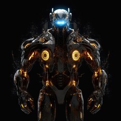  A massive, cybernetic titan with glowing circuits and imposing armor on a black background, representing the fusion of technology and mythology.  generative ai