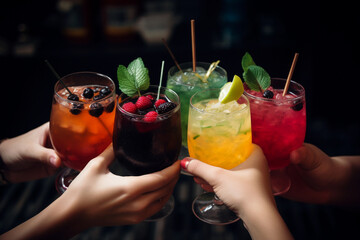 A group of people toasting drinks with raspberries and blackberries AI generation - obrazy, fototapety, plakaty