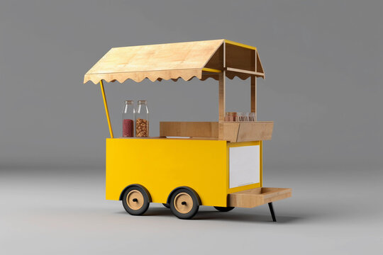 A yellow food cart mock up with a awning that says hot dogs on it. AI generation