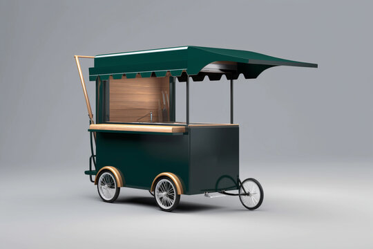 mock up A food cart with a green awning and a wooden top. AI generation