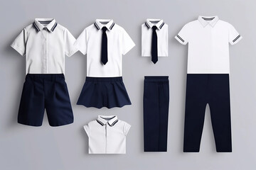 A set of shirts, shorts, and pants are arranged on a gray background. AI generation
