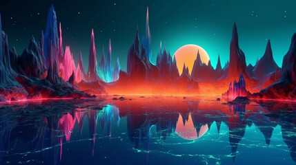 Modern futuristic fantasy night landscape with abstract island and night sky galaxies. generative ai