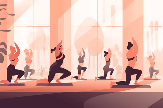 A group of people doing yoga in a room with a window behind them. AI generation