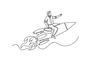 Single one line drawing happy businessman riding with rocket. Success business concept. Continuous line draw design graphic vector illustration.