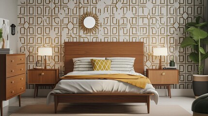  A mid - century modern bedroom with a geometric accent wall, a platform bed, and vintage decor. generative ai