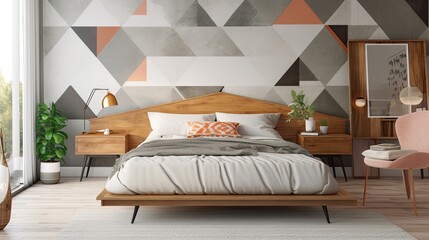  A mid - century modern bedroom with a geometric accent wall, a platform bed, and vintage decor. generative ai