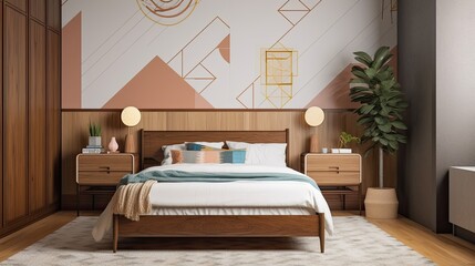  A mid - century modern bedroom with a geometric accent wall, a platform bed, and vintage decor. generative ai