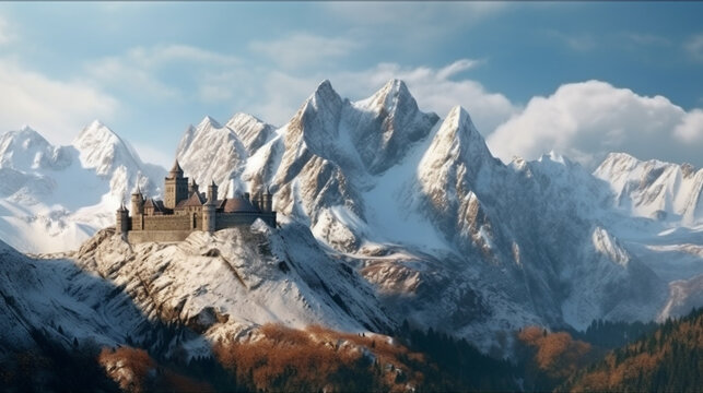 Frozen Castle in white Mountains. Generative AI