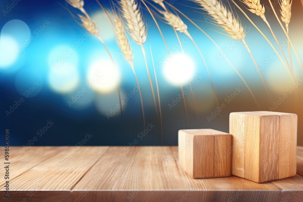 Aufkleber wooden block placed on a wooden table. generative ai generative ai