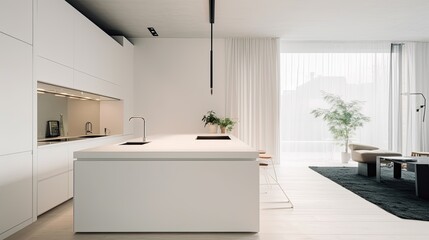 Fototapeta na wymiar A minimalist kitchen with all - white cabinetry, a waterfall island, and integrated appliances. generative ai