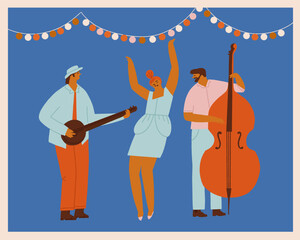 Birthday greeting card with indie rock band with banjo, contrabass and a women singer. Music summer party or concert illustration in vector. Vector illustration Generative AI - 598567242