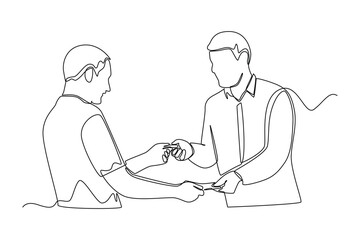 Continuous one line drawing  buyers and sellers conducting buying and selling transactions of goods. Business activity concept in market. Single line draw design vector graphic illustration.