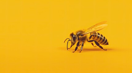  A minimalist shot of a honey bee on a bright yellow background, with subtle lighting highlighting its intricate details.  generative ai