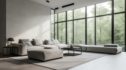  A minimalist living room with a neutral color palette and large windows that provide natural lighting. generative ai