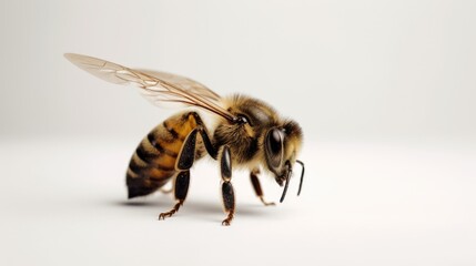  A minimalist shot of a honey bee on a stark white background, with subtle lighting highlighting its intricate details.  generative ai