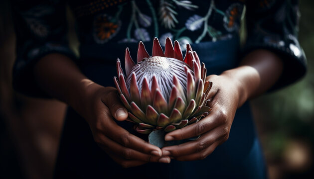 An African woman gently cradles a protea flower in her hands in a celebration of life, nature and growth