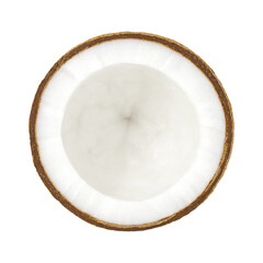 Coconut broken in half and inside with white pulp, isolated
