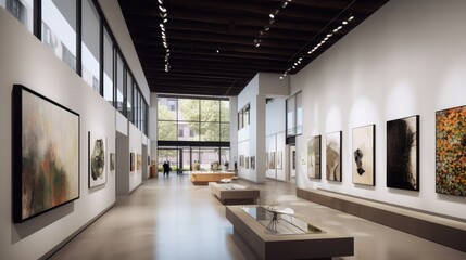  A modern and spacious art gallery with large windows, an open floor plan, and high ceilings. generative ai