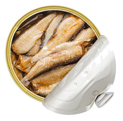 Sprats fish in oil in open round can, top view, isolated on transparent background .