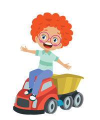 Boy with red hair and glasses sitting on a toy truck.
