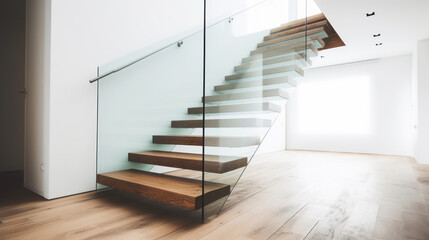A glass and wood staircase in a house, white, pure, minimal, modern, contemporary, generative ai