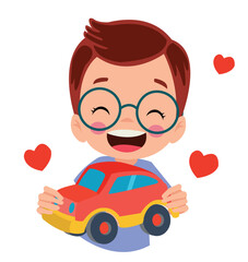 Boy holding a red car and hearts on his chest
