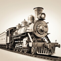 Fototapeta na wymiar A vintage, sepia - toned photograph of a classic locomotive with intricate details and a nostalgic charm on a white background, taking viewers back in time. generative ai