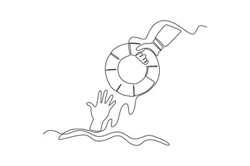 Fototapeta premium Single one line drawing hand gives lifebuoy. SOS concept. Continuous line draw design graphic vector illustration.