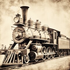 Obraz premium A vintage, sepia - toned photograph of a classic locomotive with intricate details and a nostalgic charm on a white background, taking viewers back in time. generative ai