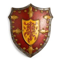  A vivid, hand - painted medieval shield with a crimson and gold emblem on a white background, highlighting its ornate detailing. generative ai