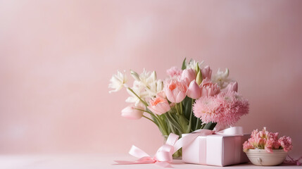 Still life with a bouquet of spring flowers and a beautiful gift on soft pink background and copy space. Generative AI
