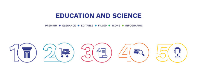 set of education and science filled icons. education and science filled icons with infographic template. flat icons such as greek pillar, cart with books, sealed diploma, research with books, big