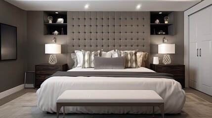  A modern and stylish master bedroom with a statement headboard, plush bedding, and plenty of storage. generative ai