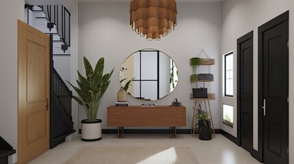  A modern and stylish entryway with a statement chandelier, plenty of storage, and natural light. generative ai