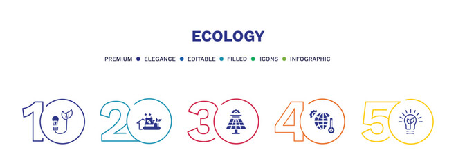 set of ecology filled icons. ecology filled icons with infographic template. flat icons such as bio energy, eco industry, solar energy, warming, green energy vector.