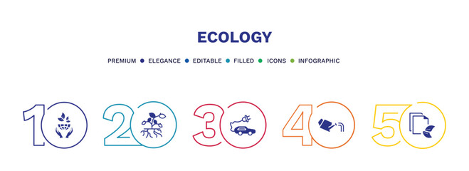 set of ecology filled icons. ecology filled icons with infographic template. flat icons such as ecology, plant and root, eco energy car, watering can, eco paper vector.