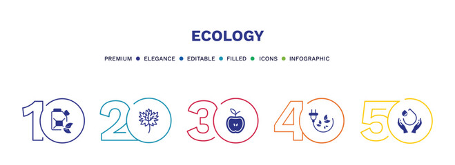 set of ecology filled icons. ecology filled icons with infographic template. flat icons such as eco fuel, m leaf, half, eco energy power, save water vector.