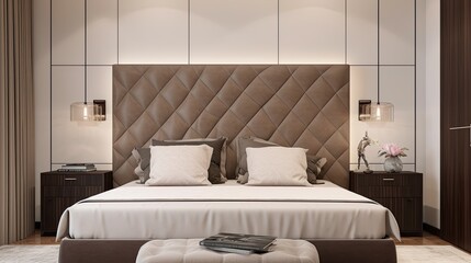  A modern and stylish master bedroom with a statement headboard, plush bedding, and plenty of storage. generative ai