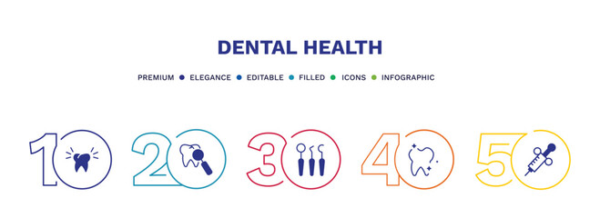 set of dental health filled icons. dental health filled icons with infographic template. flat icons such as clean tooth, check up, dentist tools, shiny tooth, dental needle vector.