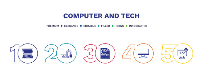 set of computer and tech filled icons. computer and tech filled icons with infographic template. flat icons such as open laptop on, responsive de, data page, computers, develope vector.