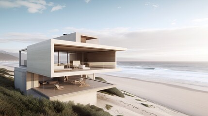  A modern beach house with panoramic ocean views, a minimalist design, and a neutral color palette. generative ai