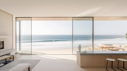 Fototapeta na wymiar A modern beach house with panoramic ocean views, a minimalist design, and a neutral color palette. generative ai