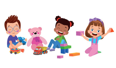 A group of children playing with toys and a teddy bear