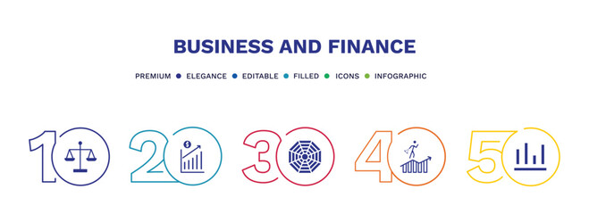 Fototapeta na wymiar set of business and finance filled icons. business and finance filled icons with infographic template. flat icons such as scale in balance, profit chart, spider chart, success man, column chart