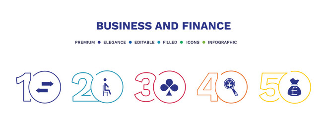 set of business and finance filled icons. business and finance filled icons with infographic template. flat icons such as two way arrows, sitting, club card, yen business search, pounds money bag