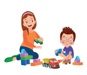 A boy and a mother playing with toys